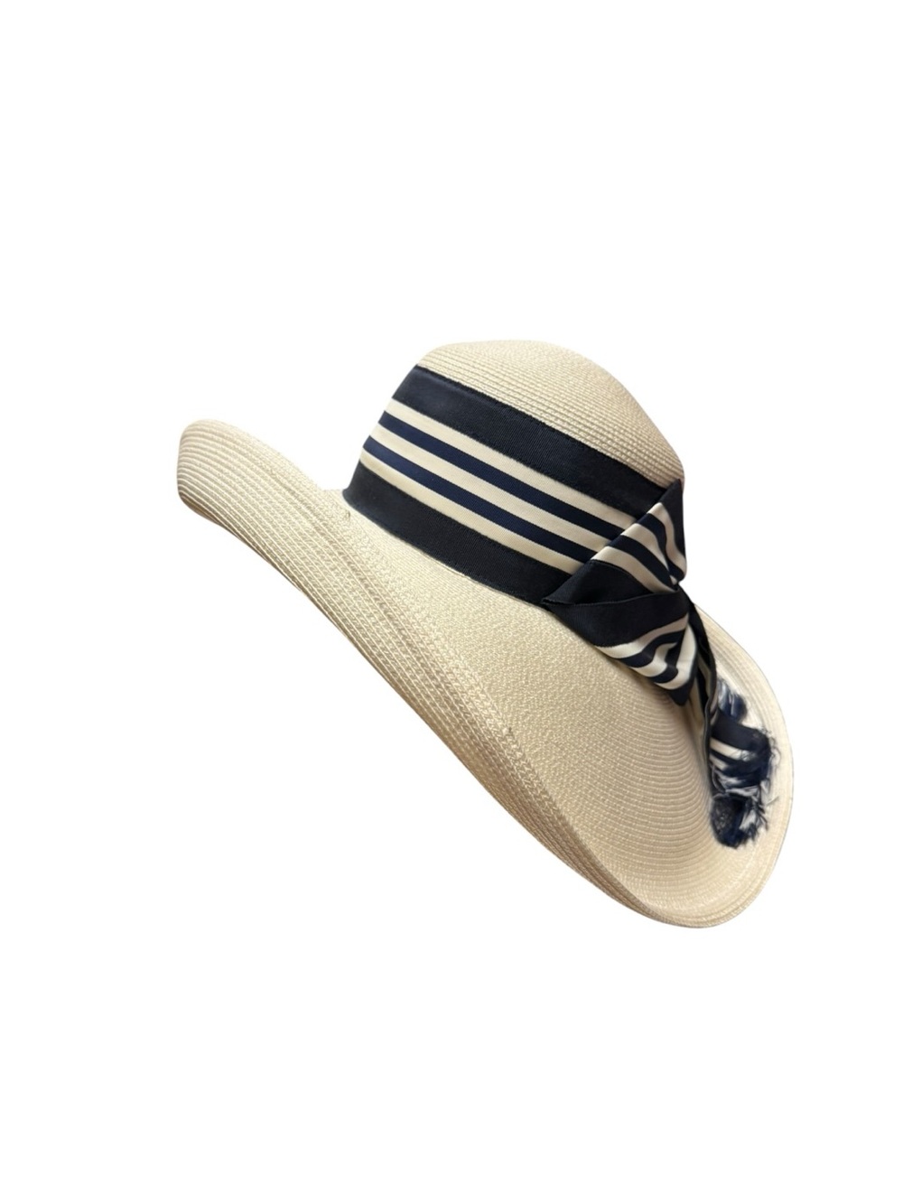 NWT Eric Javits Wide-Brim White Straw Sun Hat with Navy Striped Band 16” - Picture 4 of 10